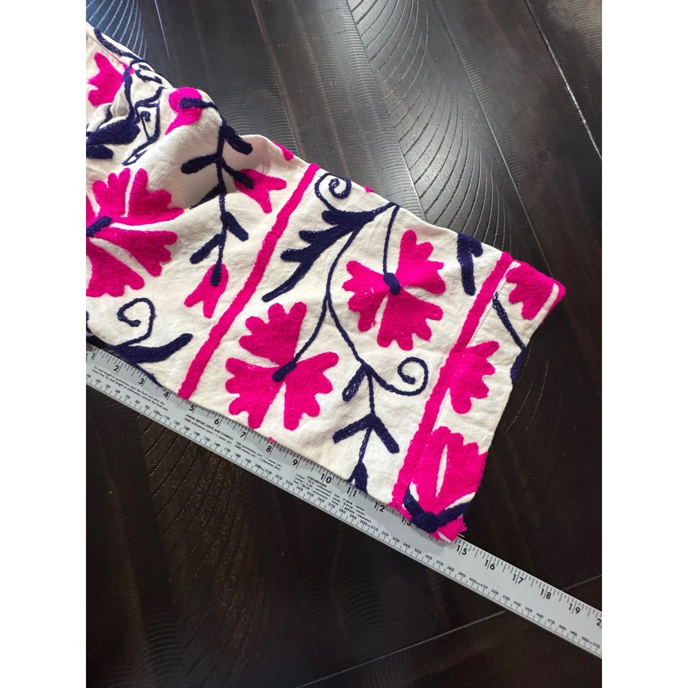 The 57 Suzani Embroidered Robe Jacket Pink Navy Floral Kimono Belted Topper - Picture 8 of 8